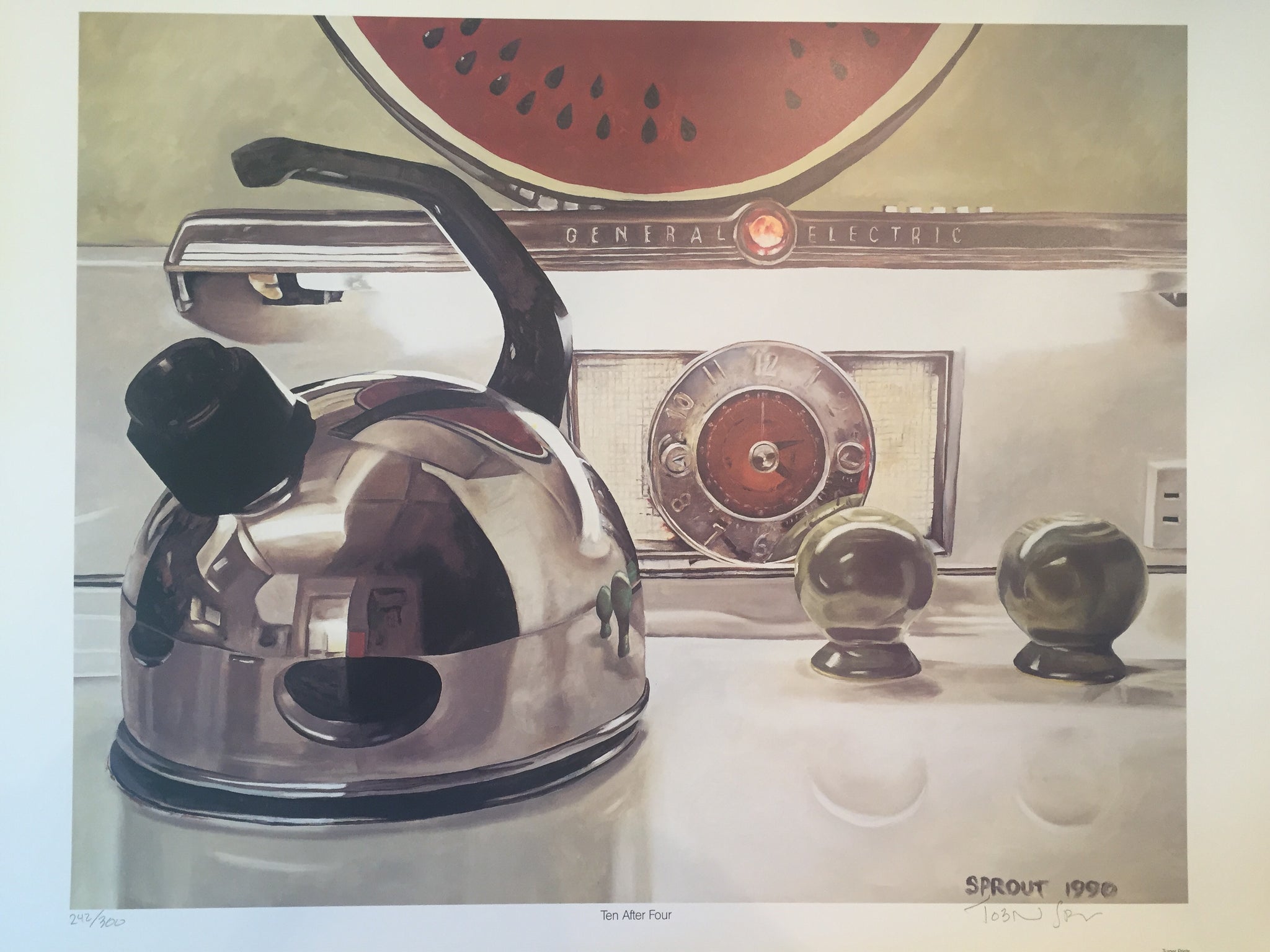 Tobin Sprout "10 after 4" Print. Chrome tea pot on stove with clock